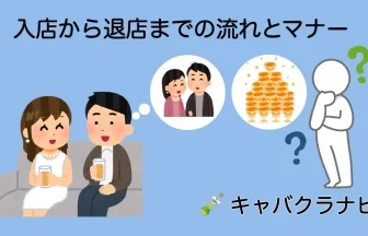 キャバクラの入店から退店までのマナーを解説。シャンパンのアイコン、キャバ嬢との店外デートを想像しながら会話する男性、シャンパンタワーの値段を考える男性のイラストで、スマートなキャバクラの楽しみ方を表現。キャバクラナビ。