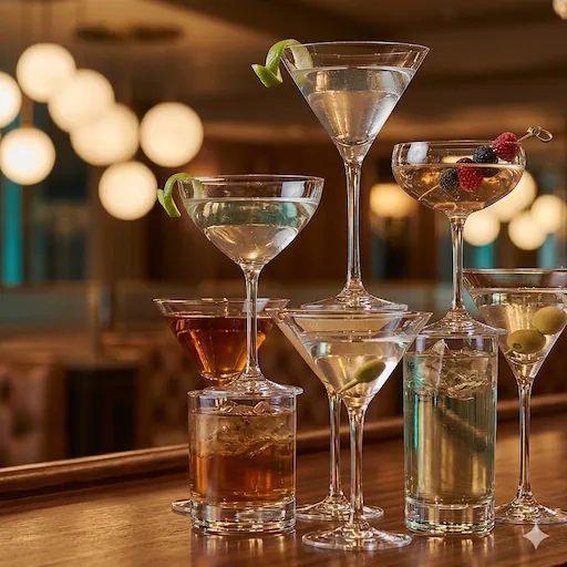 重なり合うクリスタルカクテルグラスと、暖かみのあるラウンジの光